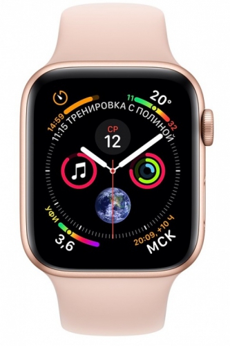 Умные часы Apple Watch Series 4, 40 мм, корпус из золотистого алюминия, спортивный ремешок цвета «розовый песок» (золотистый) MU682
