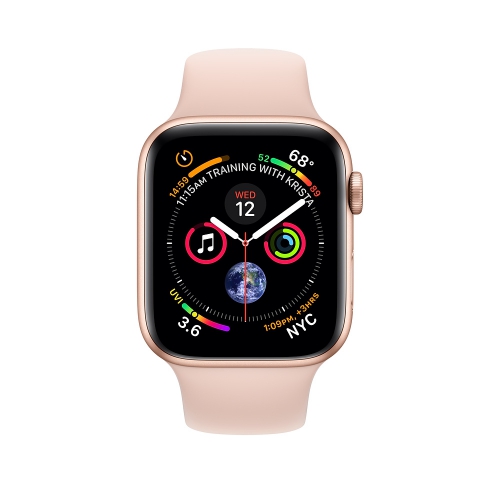 Умные часы Apple Watch Series 4 Cellular, 44 мм, корпус из золотистого алюминия, спортивный ремешок цвета «розовый песок» (золотистый) (MTV02) MTV02