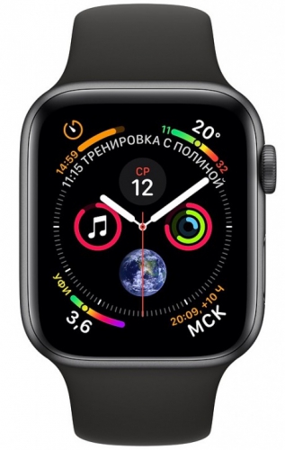 Apple Watch Series 4 44мм, корпус из алюминия цвета «серый космос», спортивный ремешок чёрного цвета (MU6D2) MU6D2