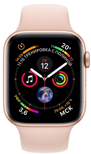 Apple Watch Series 4, 44 мм, корпус из алюминия золотого цвета, спортивный ремешок цвета «розовый песок» (MU6F2) MU6F2