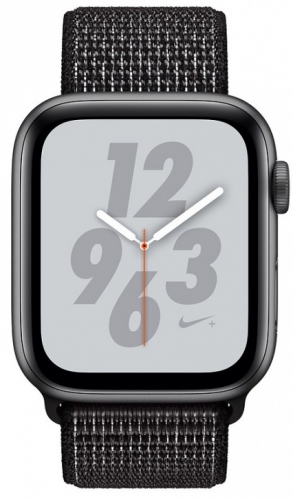 Apple Watch Nike+ Series 4, 44 мм, корпус из алюминия цвета «серый космос», спортивный браслет Nike чёрного цвета (MU7J2) MU7J2