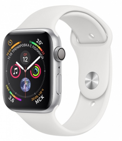 Apple Watch Series 4, 44 мм, корпус из алюминия серебристого цвета, спортивный ремешок белого цвета (MU6A2) MU6A2