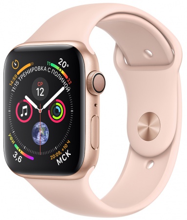 Apple Watch Series 4, 44 мм, корпус из алюминия золотого цвета, спортивный ремешок цвета «розовый песок» (MU6F2) MU6F2