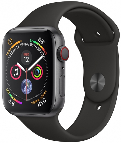 Умные часы Apple Watch Series 4 Cellular, 44 мм, корпус из алюминия цвета «серый космос», спортивный ремешок черного цвета (MTUW2) MTUW2