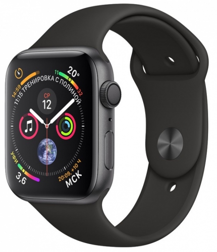 Apple Watch Series 4 44мм, корпус из алюминия цвета «серый космос», спортивный ремешок чёрного цвета (MU6D2) MU6D2