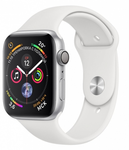 Apple Watch Series 4, 44 мм, корпус из алюминия серебристого цвета, спортивный ремешок белого цвета (MU6A2) MU6A2