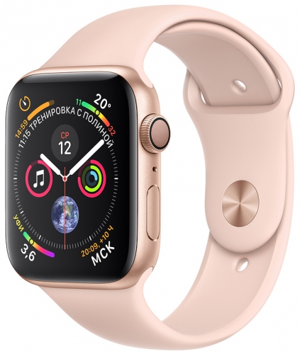 Apple Watch Series 4, 44 мм, корпус из алюминия золотого цвета, спортивный ремешок цвета «розовый песок» (MU6F2) MU6F2