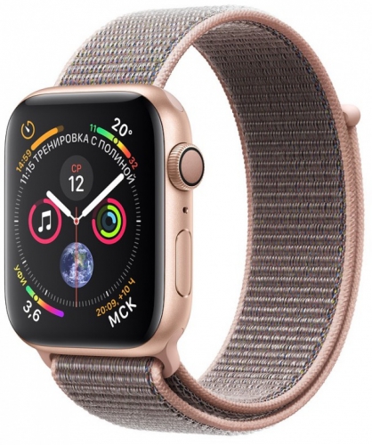 Apple Watch Series 4, 44 мм, корпус из алюминия золотого цвета, спортивный браслет цвета «розовый песок» (MU6G2) MU6G2
