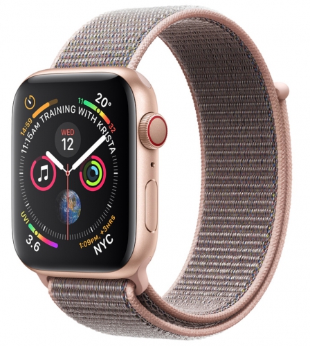 Apple Watch Series 4, 44 мм, корпус из алюминия золотого цвета, спортивный браслет цвета «розовый песок» (MTVX2) mtvx2